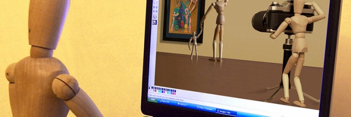 a wooden model sits at a computer, editing an image in which a wooden model is taking a photograph of two wooden models (parent and child) looking at a painting of two wooden models (parent and child) assembling a puzzle depicting two wooden models (parent and child)